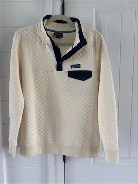 Patagonia Cream Quilted Snap-Up Pullover with Navy Trim